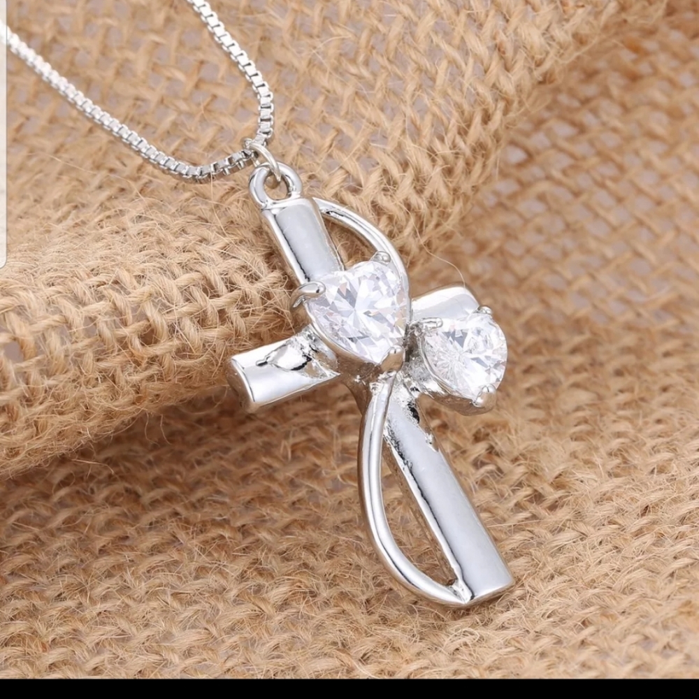 Sliver CZ cross inscribed necklace